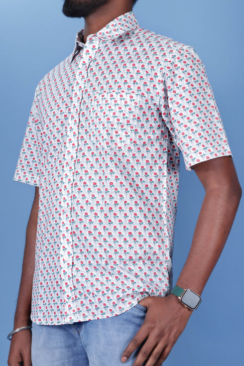 Slim Fit Cambric Cotton Men’s Half  Sleeved Shirt In Floral Print